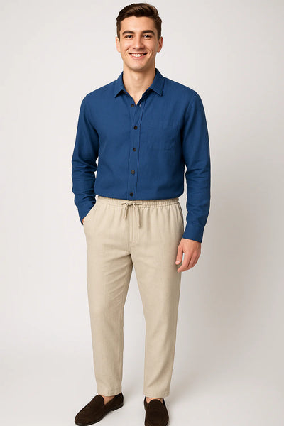 Ensemble Classique Chemise en Lin et Pantalon pour Homme – Bleu-Beige