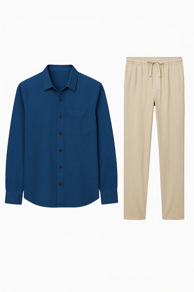 Ensemble Classique Chemise en Lin et Pantalon pour Homme – Bleu-Beige