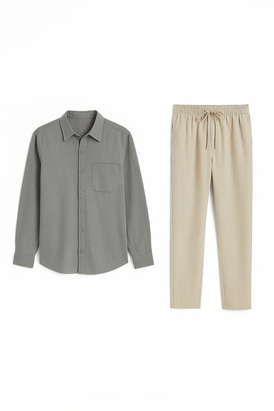 Ensemble Classique Chemise en Lin et Pantalon pour Homme – Gris-Beige