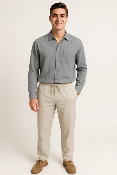 Ensemble Classique Chemise en Lin et Pantalon pour Homme – Gris-Beige