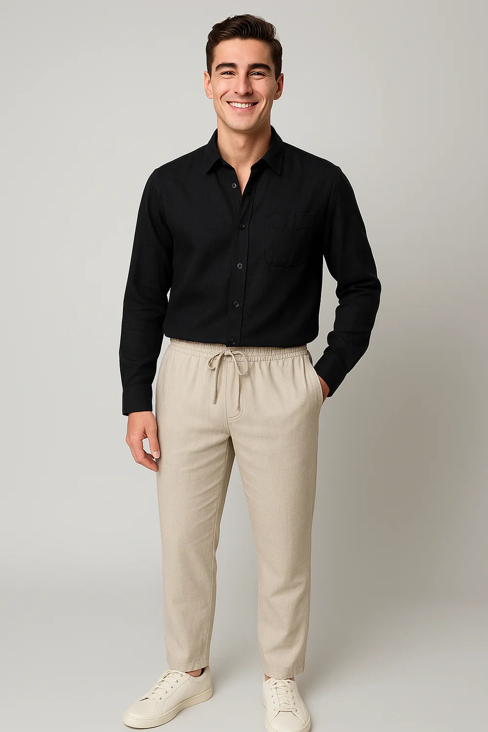 Ensemble Classique Chemise en Lin et Pantalon pour Homme – Noir-Beige