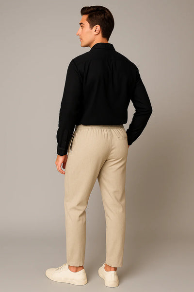 Ensemble Classique Chemise en Lin et Pantalon pour Homme – Noir-Beige