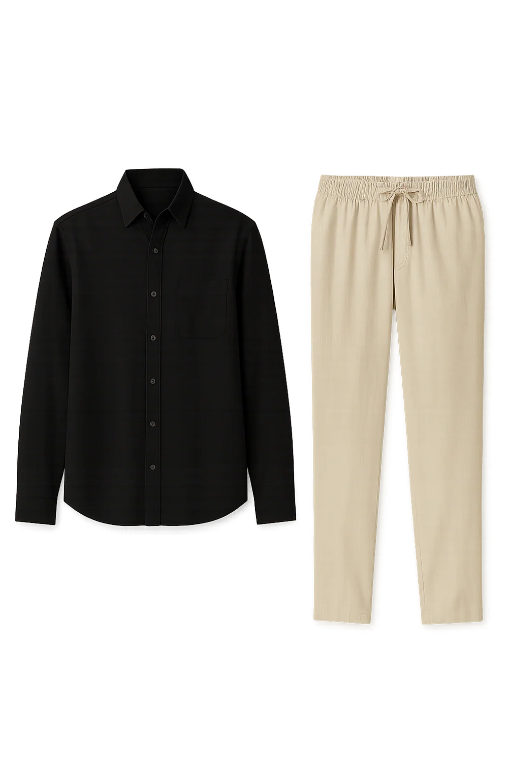 Ensemble Classique Chemise en Lin et Pantalon pour Homme – Noir-Beige