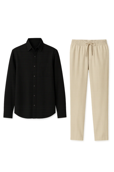 Ensemble Classique Chemise en Lin et Pantalon pour Homme – Noir-Beige