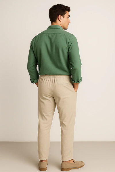 Ensemble Classique Chemise en Lin et Pantalon pour Homme – Vert-Beige