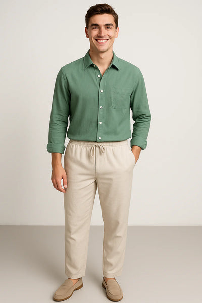 Ensemble Classique Chemise en Lin et Pantalon pour Homme – Vert-Beige
