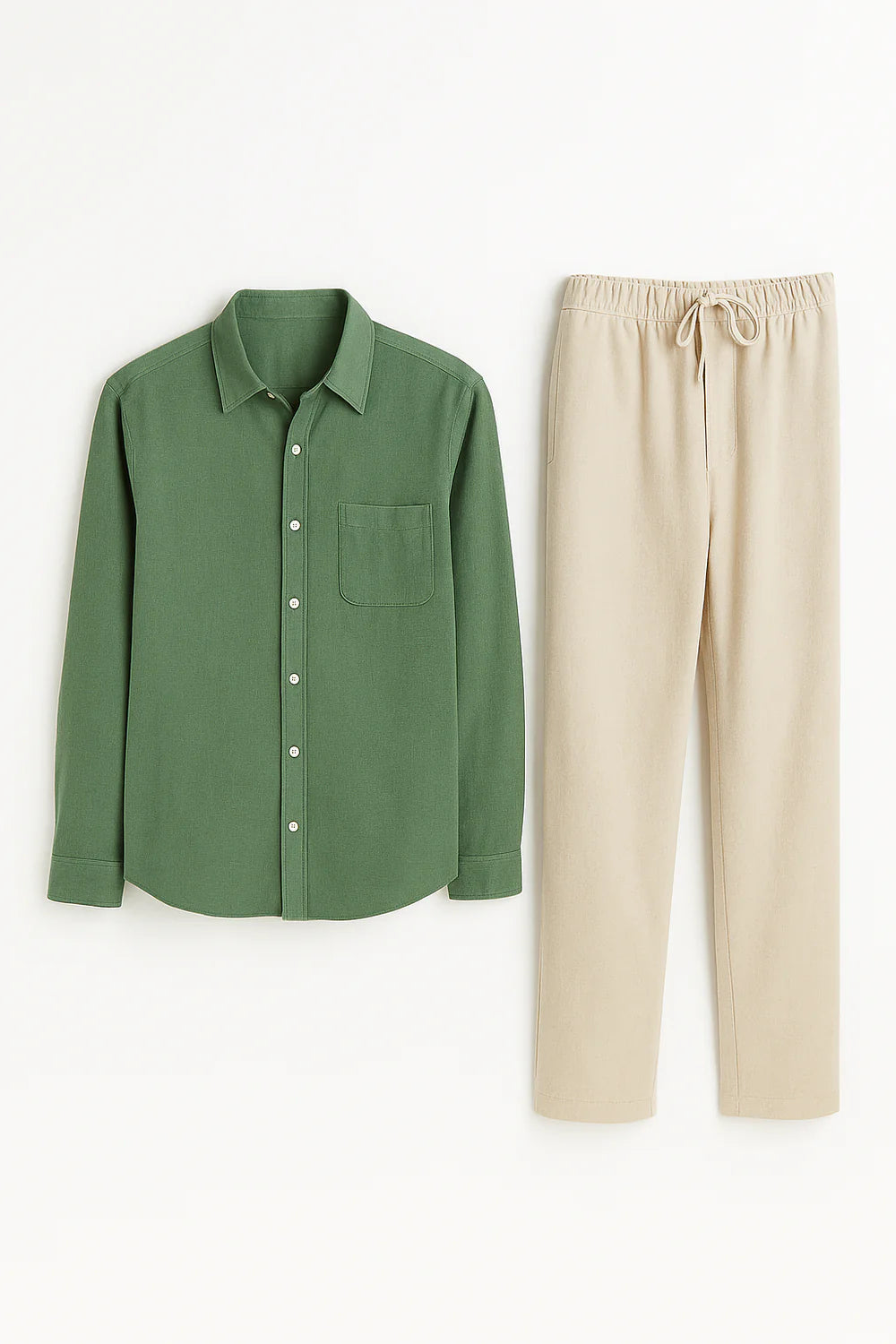 Ensemble Classique Chemise en Lin et Pantalon pour Homme – Vert-Beige
