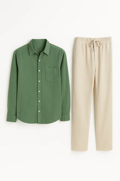 Ensemble Classique Chemise en Lin et Pantalon pour Homme – Vert-Beige