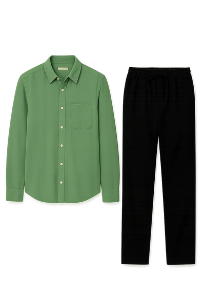 Ensemble Classique Chemise en Lin et Pantalon pour Homme – Vert-Noir