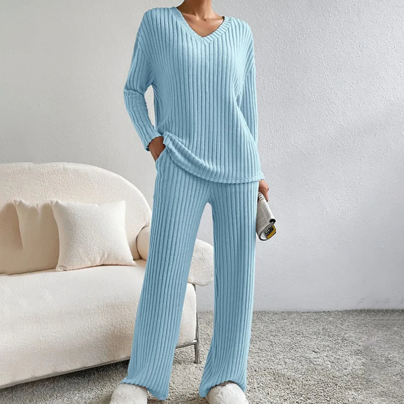 Ensemble à col en V en tricot côtelé pour femmes