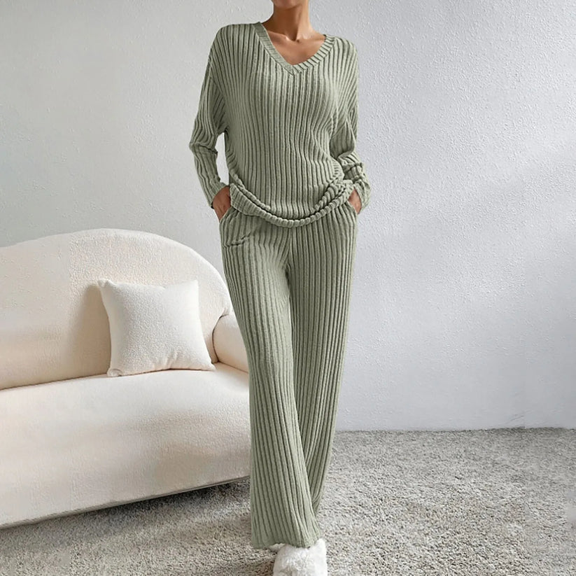 Ensemble à col en V en tricot côtelé pour femmes