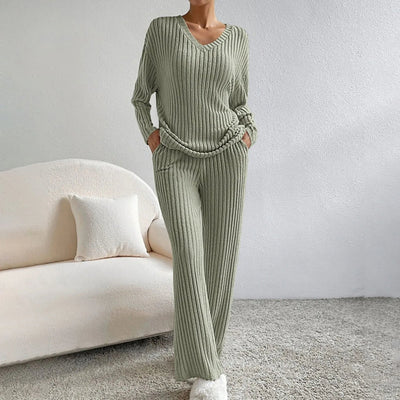 Ensemble à col en V en tricot côtelé pour femmes