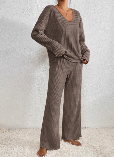 Ensemble à col en V en tricot côtelé pour femmes