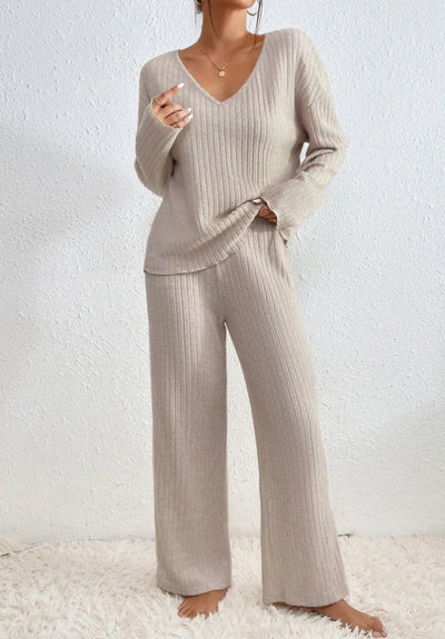 Ensemble à col en V en tricot côtelé pour femmes