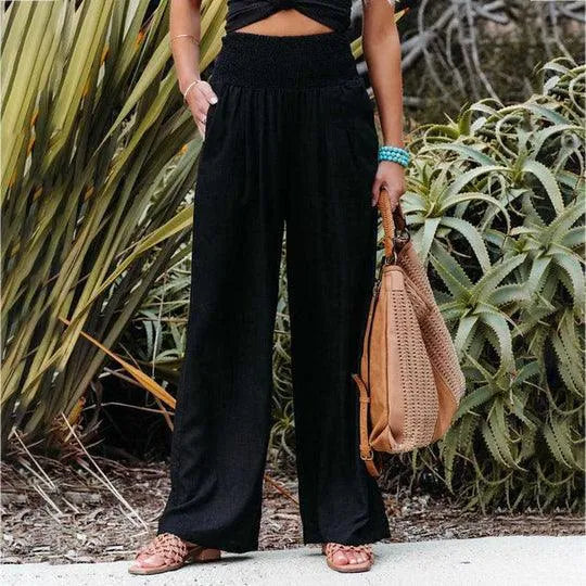 Pantalon d'été à jambes larges et taille haute pour femmes, style moderne