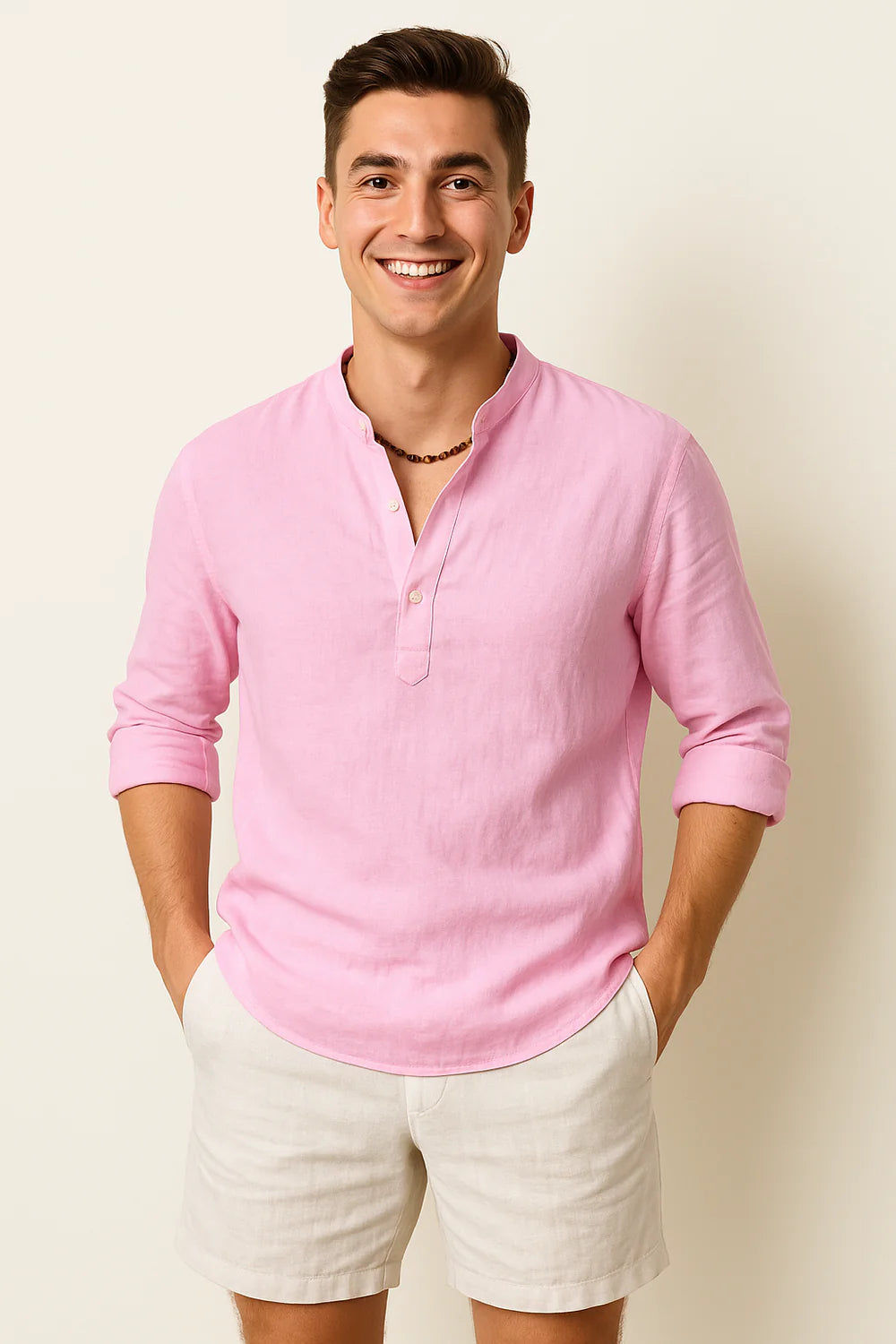 Chemise d'Été Tendance en Lin avec Col pour Homme – Rose