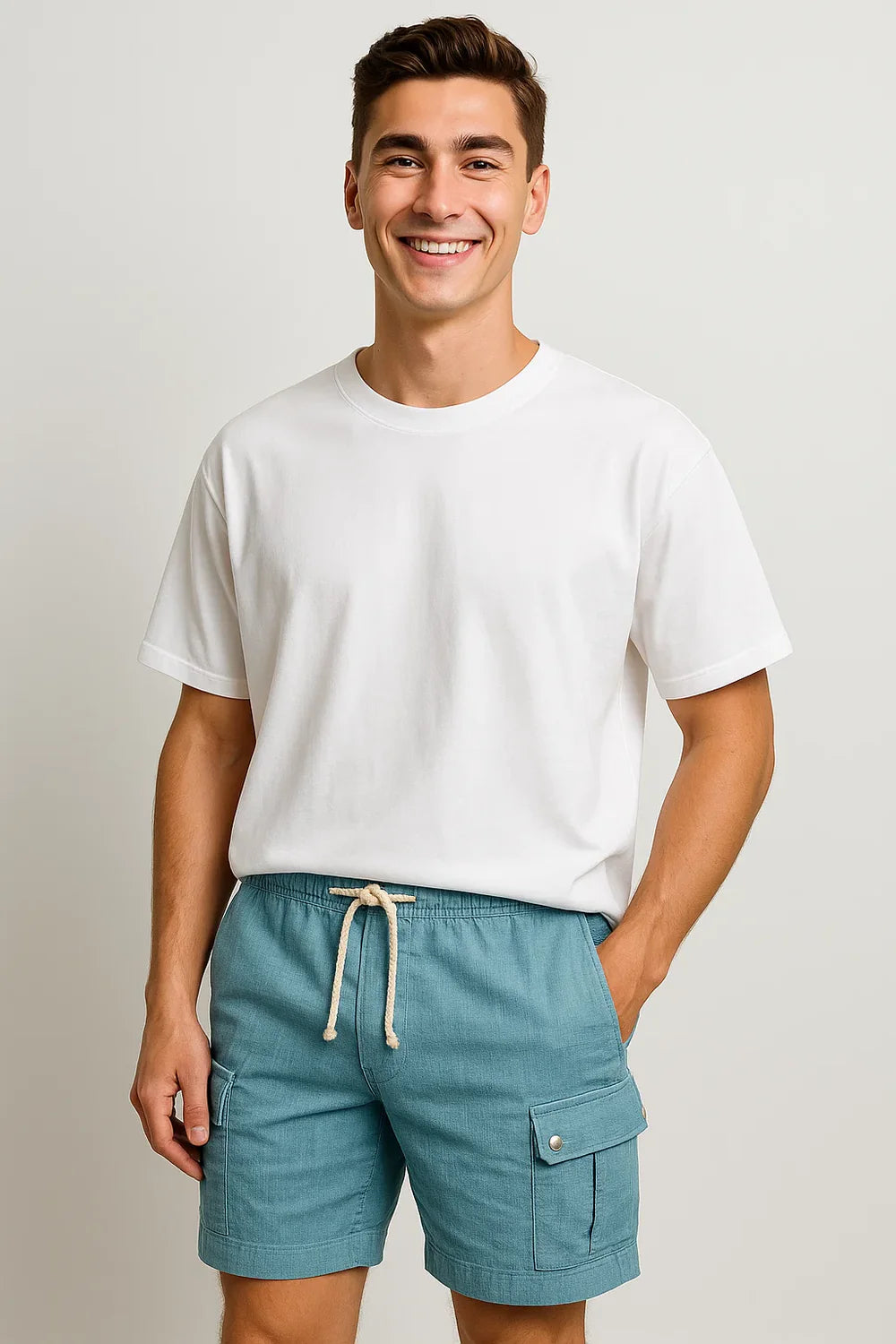 Short Cargo d'Été en Lin Tendance pour Homme – Bleu clair
