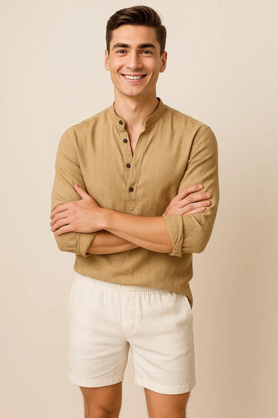 Chemise Élégante d'Été à Manches Longues pour Homme - Kaki