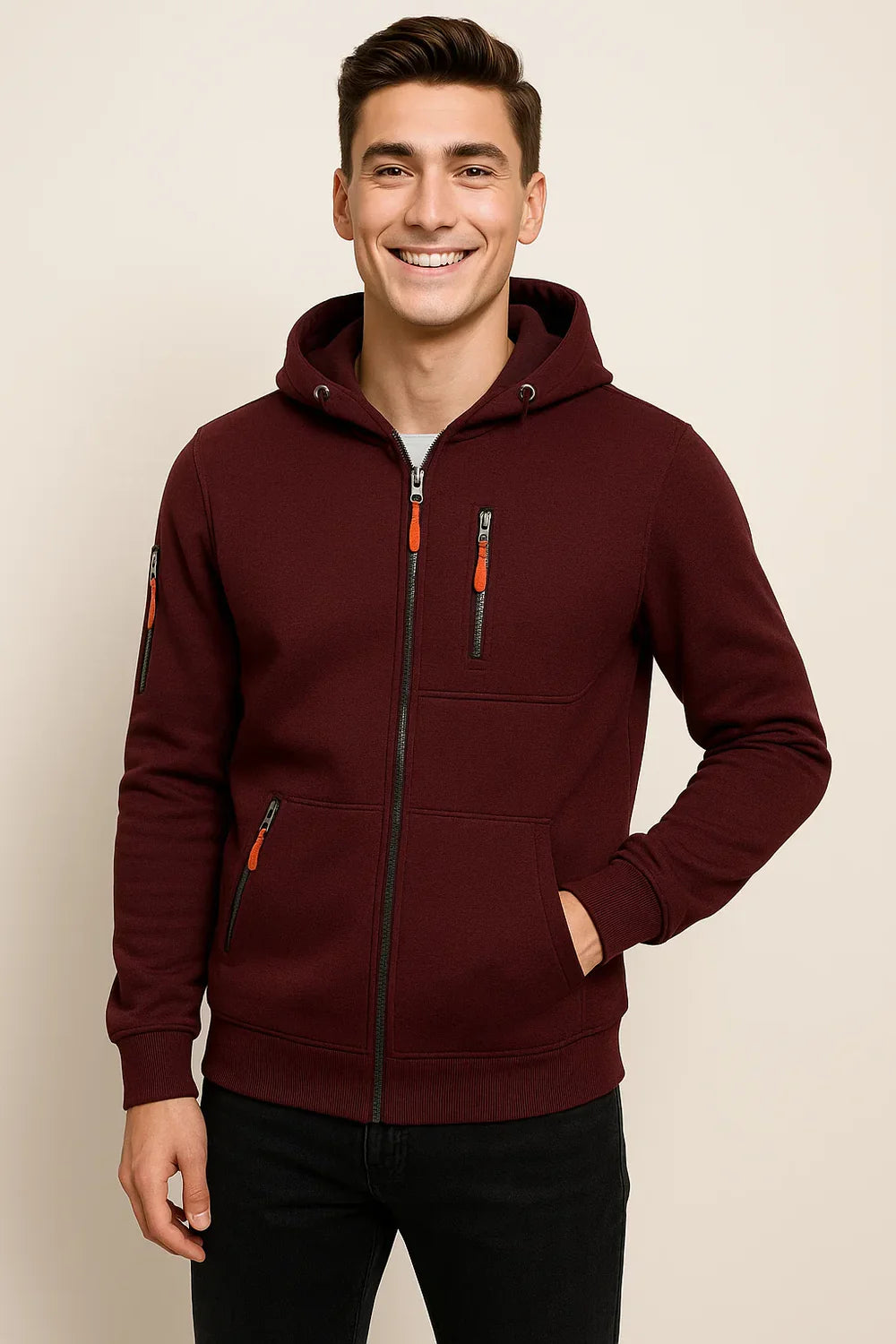 Sweat à Capuche Classique pour Homme avec Fermeture Éclair – Rouge