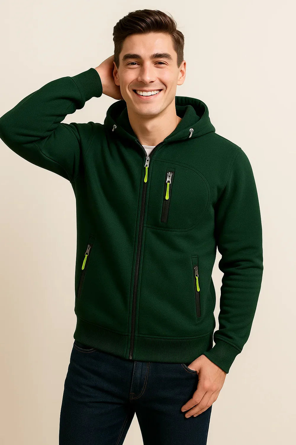 Sweat à Capuche Classique pour Homme avec Fermeture Éclair – Vert
