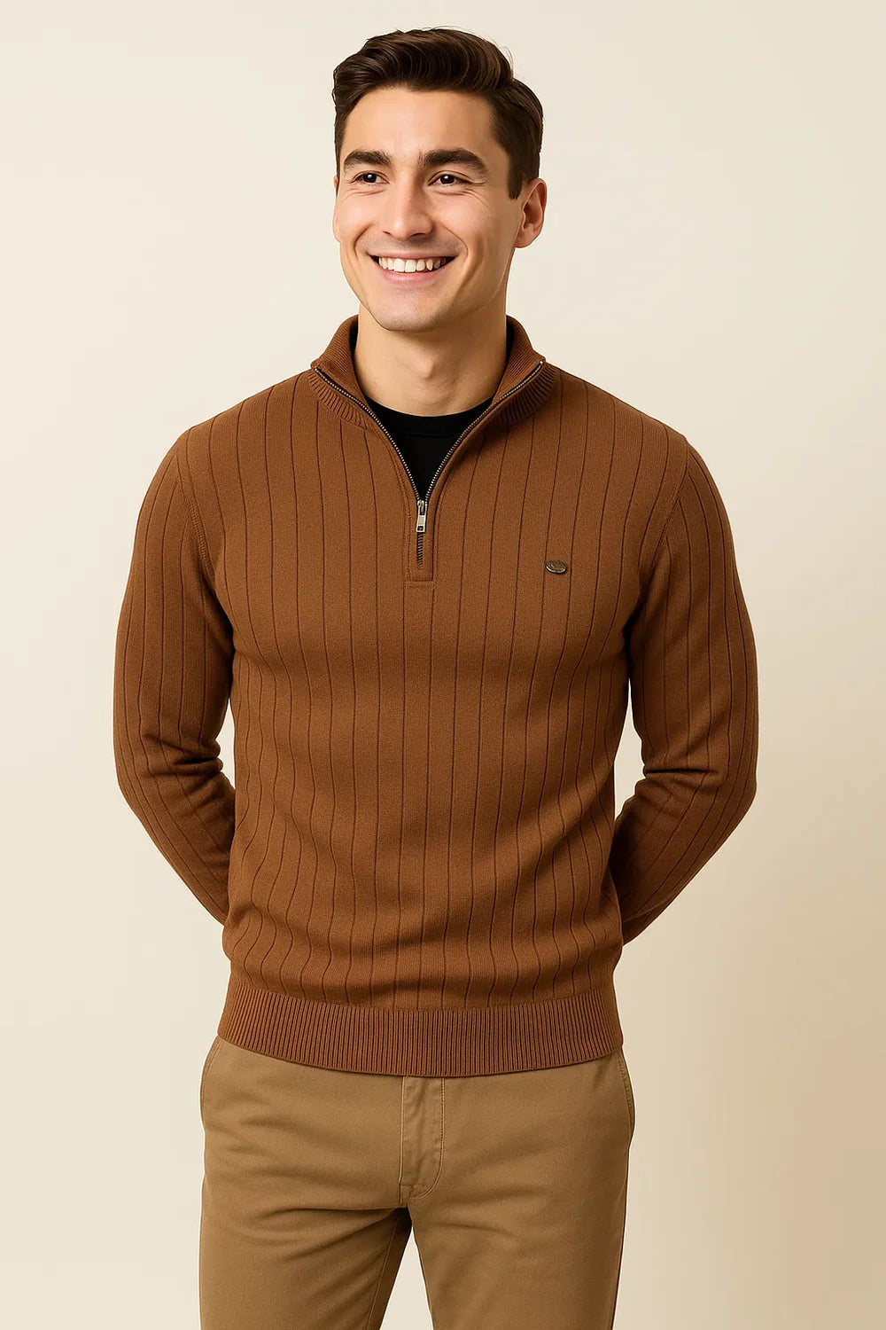 Pull à Quart de Zip en Maille Élégant pour Homme – Marron