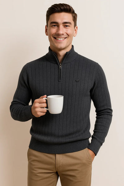 Pull à Quart de Zip en Maille Élégant pour Homme – Gris foncé