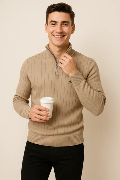 Pull à Quart de Zip en Maille Élégant pour Homme – Kaki