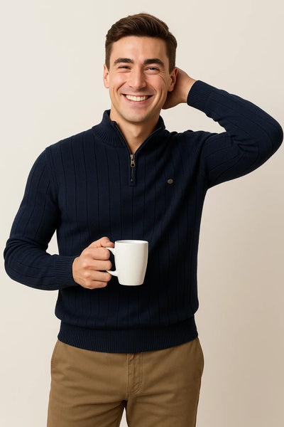 Pull à Quart de Zip en Maille Élégant pour Homme – Bleu foncé
