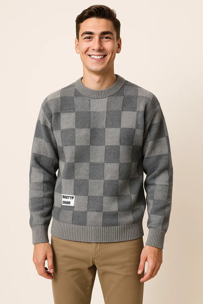 Pull Décontracté à Carreaux Oversize pour Homme - Gris