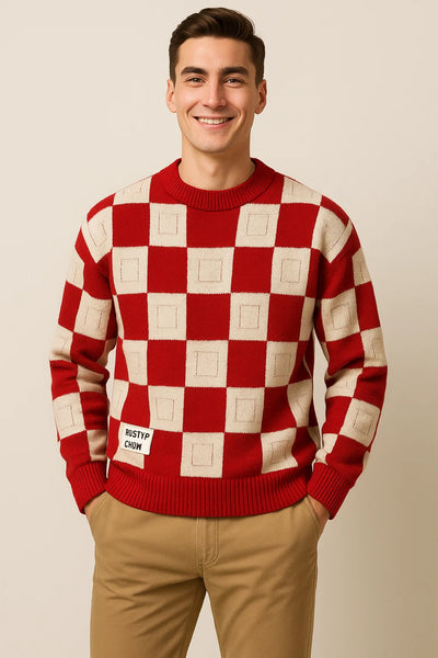 Pull Décontracté à Carreaux Oversize pour Homme - Rouge