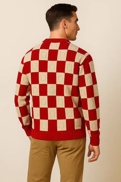 Pull Décontracté à Carreaux Oversize pour Homme - Rouge