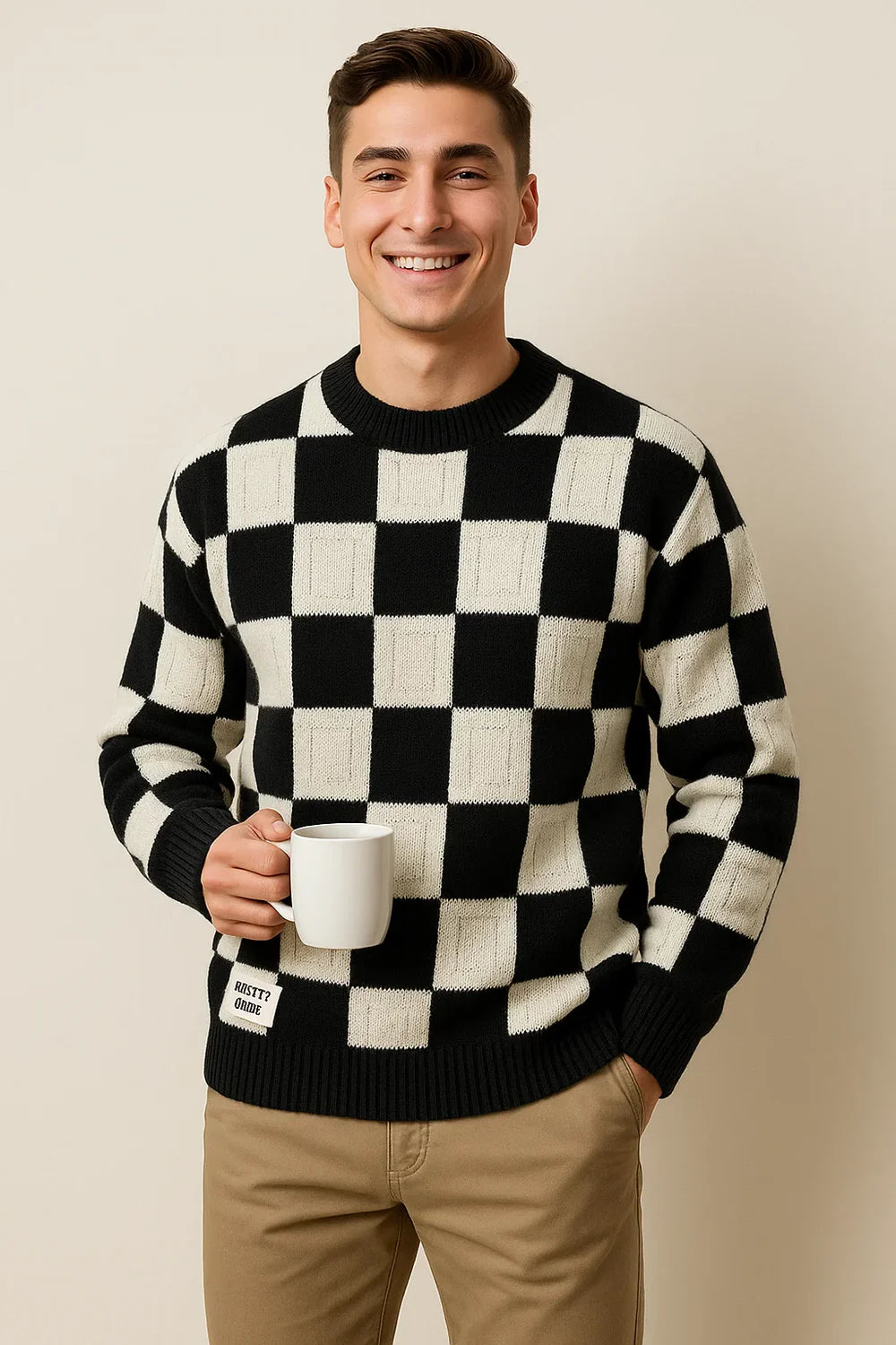 Pull Décontracté à Carreaux Oversize pour Homme - Noir