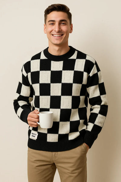 Pull Décontracté à Carreaux Oversize pour Homme - Noir