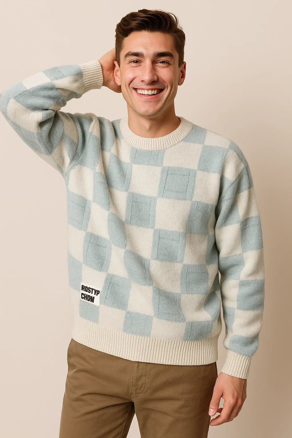 Pull Décontracté à Carreaux Oversize pour Homme - Bleu clair