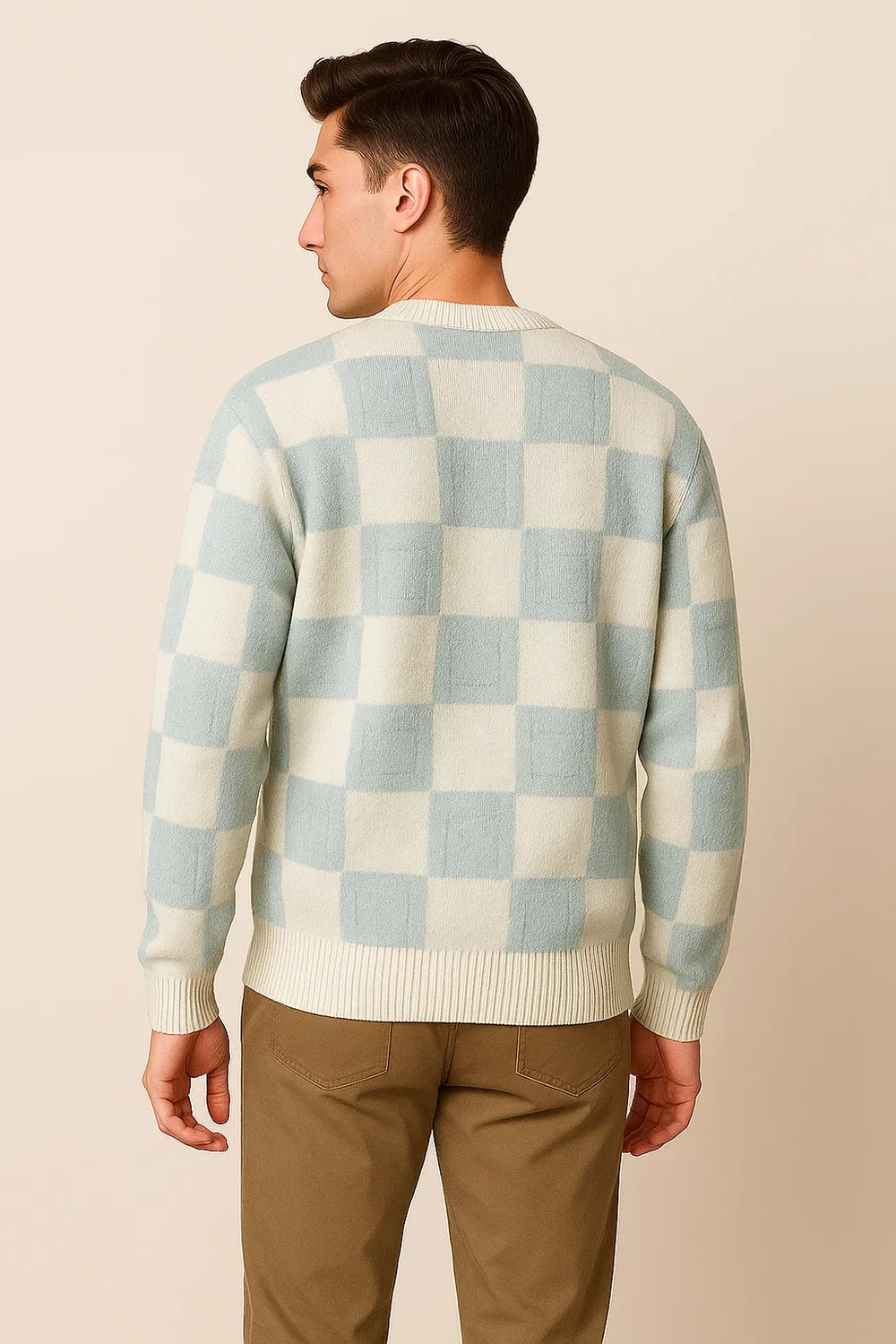 Pull Décontracté à Carreaux Oversize pour Homme - Bleu clair