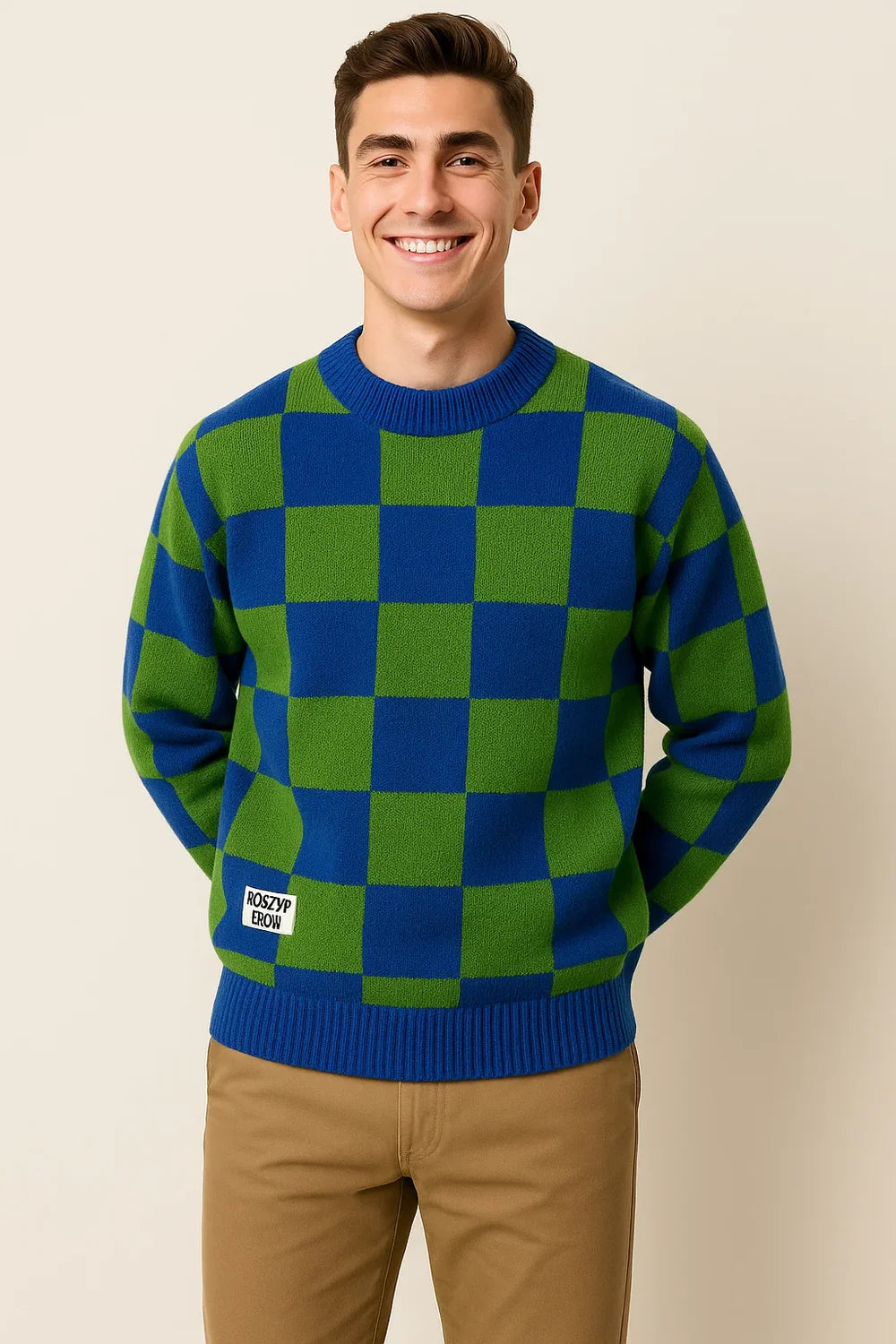 Pull Décontracté à Carreaux Oversize pour Homme - Vert et Bleu