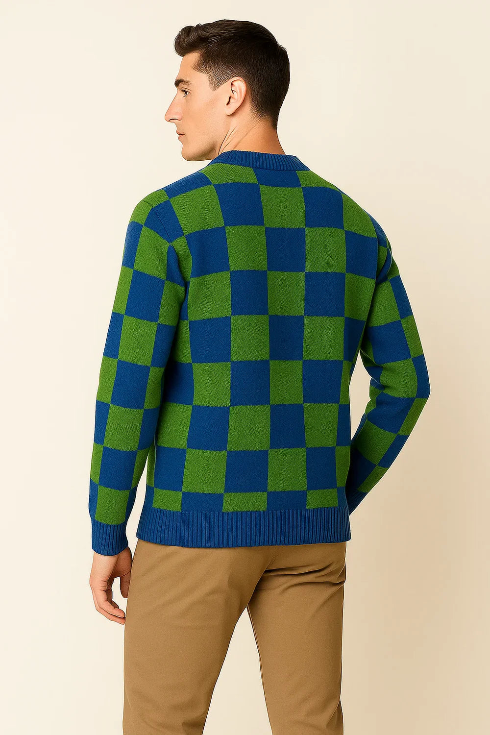 Pull Décontracté à Carreaux Oversize pour Homme - Vert et Bleu