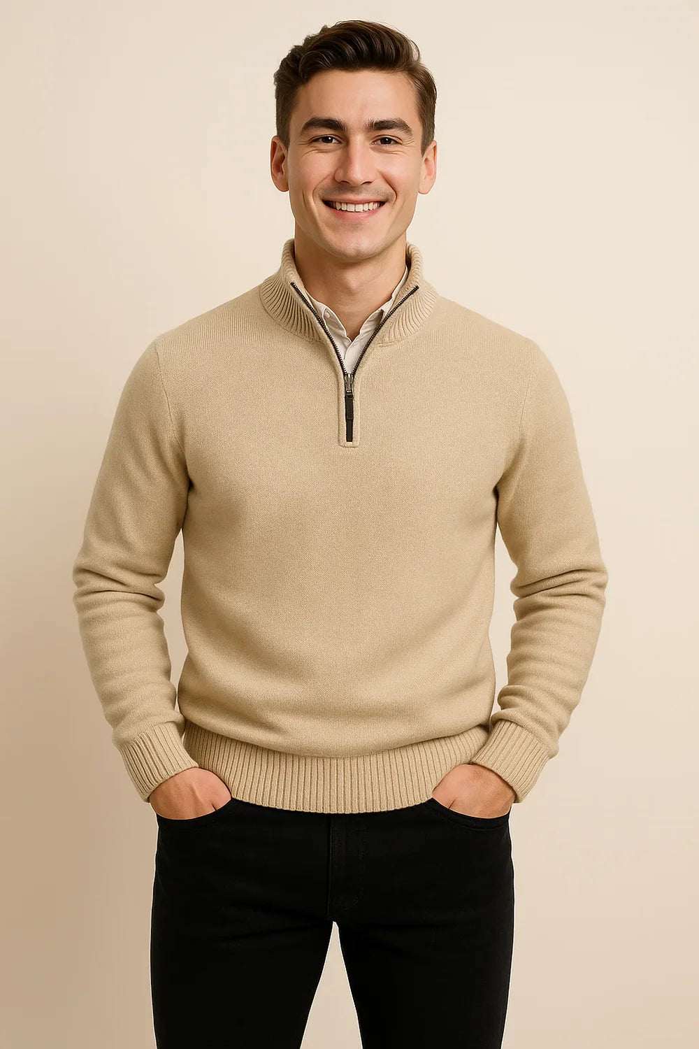 Pull Zip Tendance Smart-Casual pour Homme - Beige