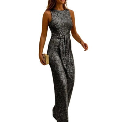 Combinaison à paillettes dos nu avec ceinture pour femmes