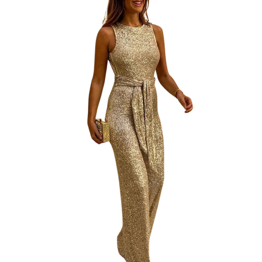 Combinaison à paillettes dos nu avec ceinture pour femmes
