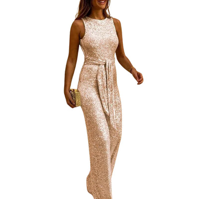 Combinaison à paillettes dos nu avec ceinture pour femmes