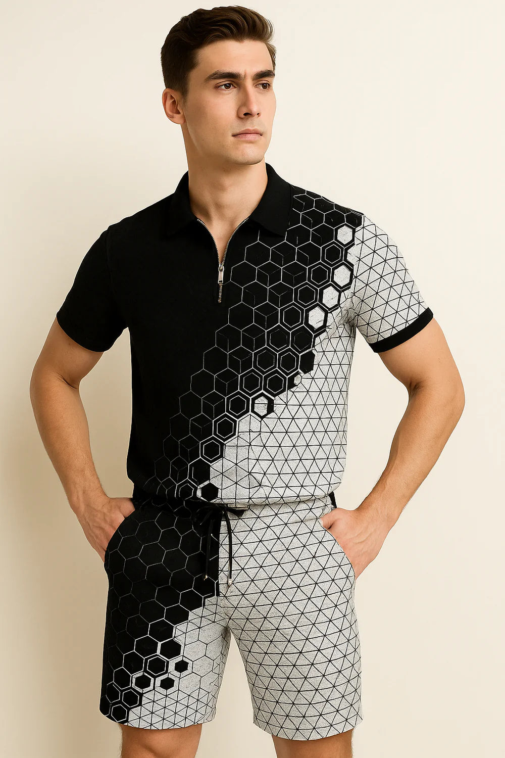 Ensemble Décontracté Moderne pour Homme avec Imprimé Tendance – Noir-blanc