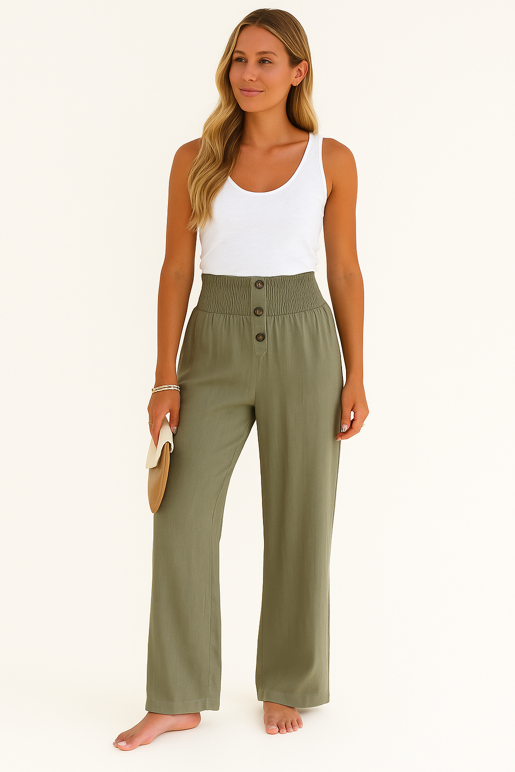 Pantalon d'été tendance à taille haute et à jambes larges pour femmes, avec motifs de boutons