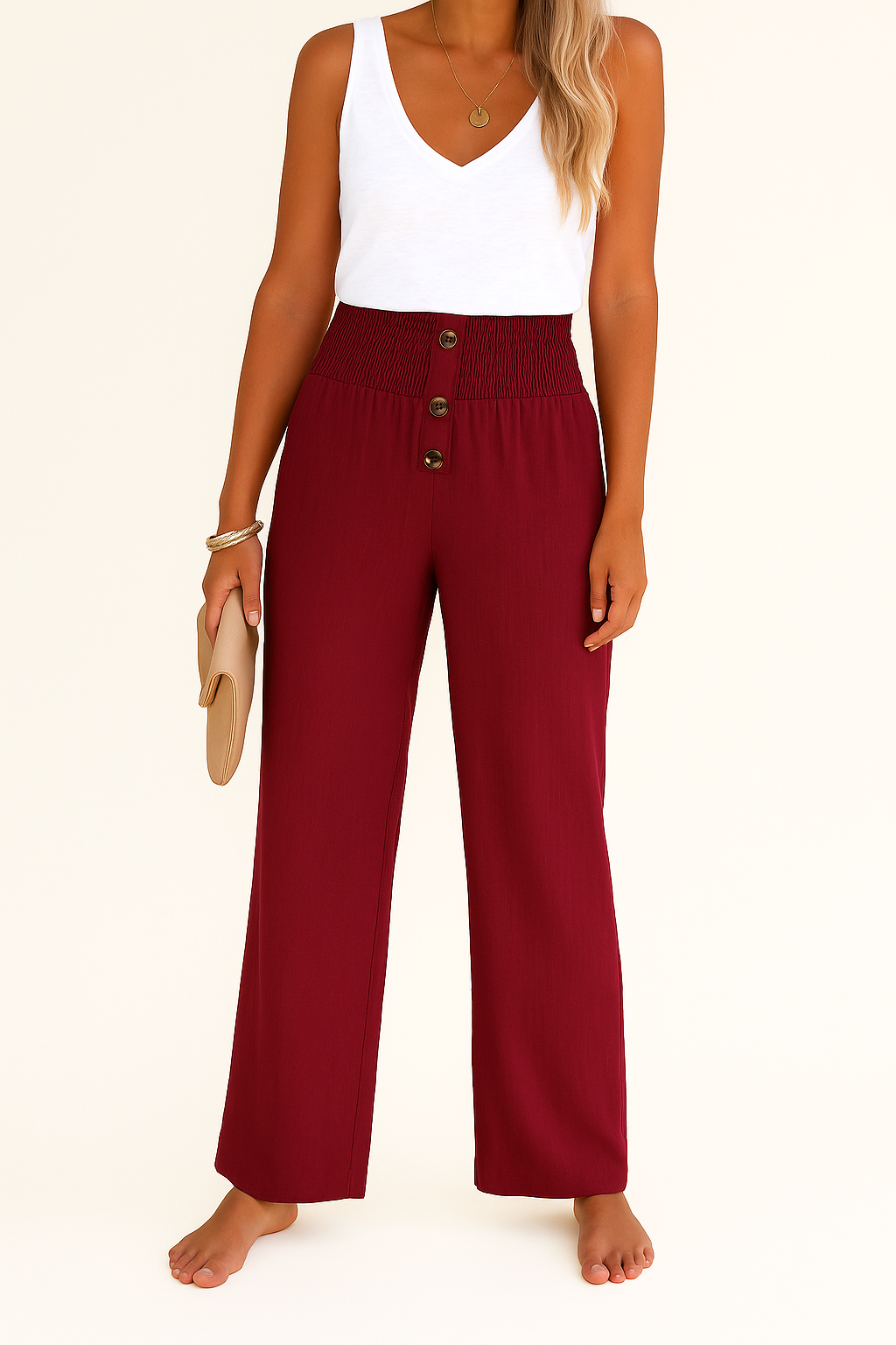 Pantalon d'été tendance à taille haute et à jambes larges pour femmes, avec motifs de boutons