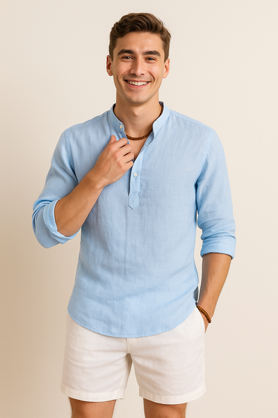 Chemise d'Été Tendance en Lin avec Col pour Homme – Bleu clair