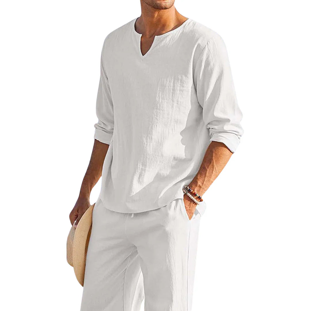 Ensemble chemise à col en V et pantalon assorti pour hommes
